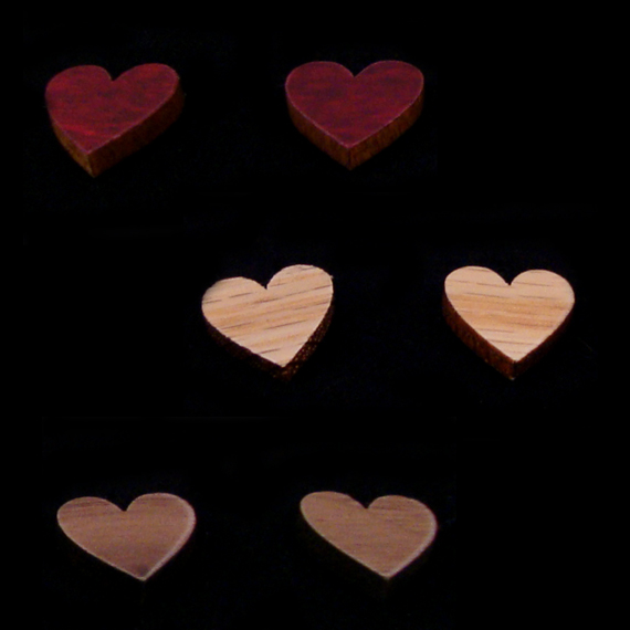 sustainable wooden post earrings, hearts