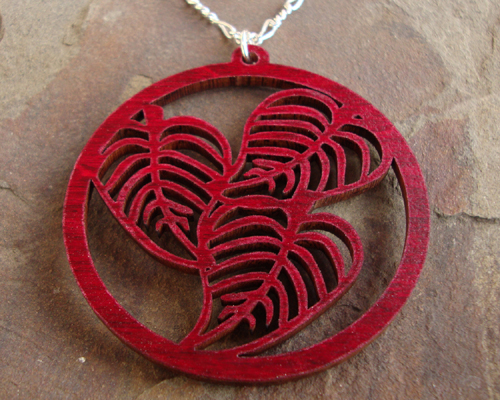 Sustainable Wooden Necklace, Three Leaves, in red stained maple