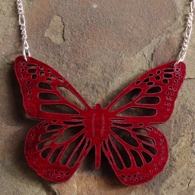 Sustainable Wooden Necklace, Monarch Butterfly, in red stained maple